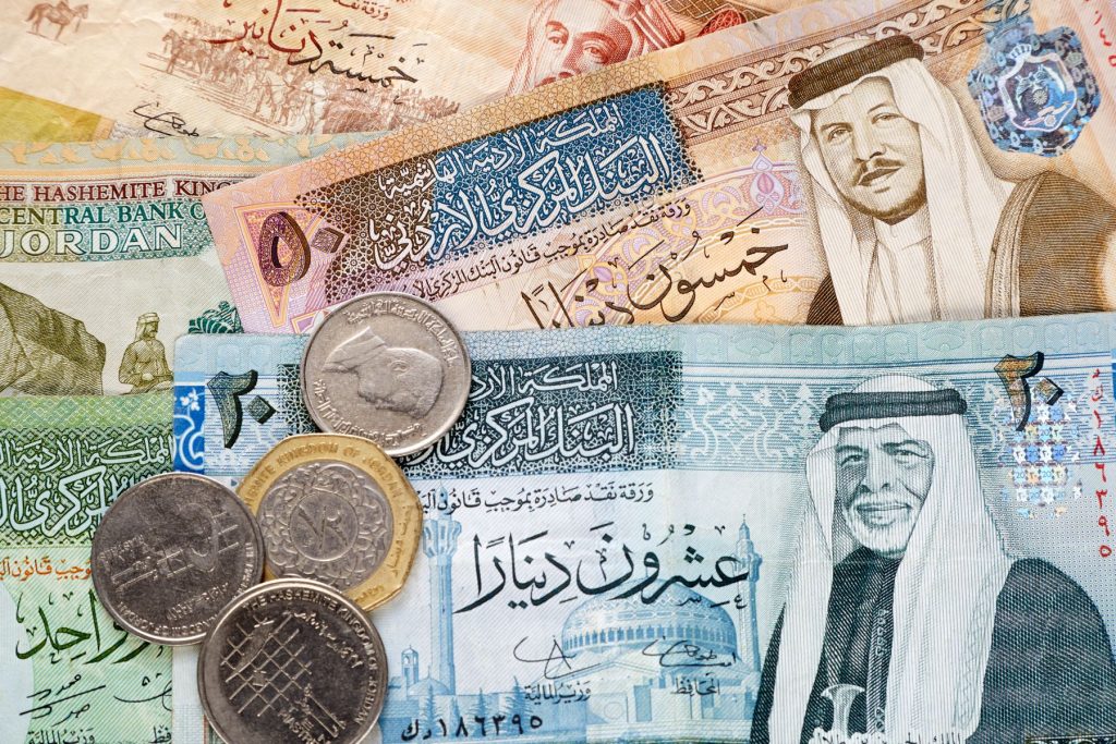 billet et pièces dinar jordanien